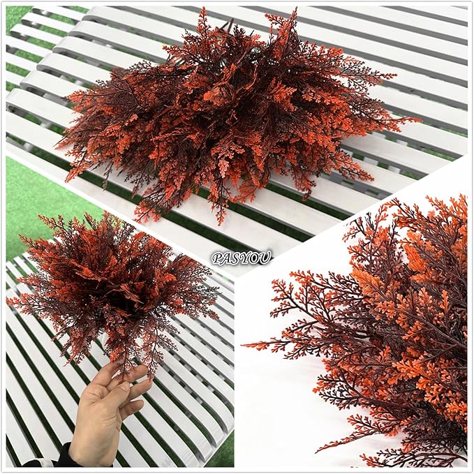 Fake Ferns Shrub Artificial Fern Leaves Plants, Plastic Foliage Greenery Faux Boston Leaf Stems Plant for Outdoor Indoor Garden Décor Wedding Party DIY Decoration Planter Filler Shrubs - Red 8 Pack