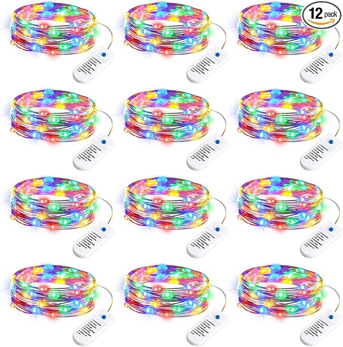 Minetom 12 Pack Fairy Lights Battery Operated String Lights 8 Modes, 7ft 20LED Multicolor Waterproof Silver Wire Twinkle Lights, Firefly Starry Moon Lights for Mason Jars DIY Christmas Wedding Party