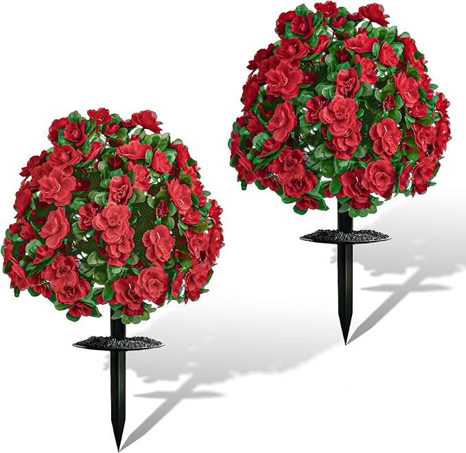 AZXVT Artificial Flowers for Outdoors, Faux Outdoor Plants Fake Plants Topiary Balls Artificial Outdoor Set of 2 with Ground Spike for Home Front Porch Patio Garden Decor (Red)