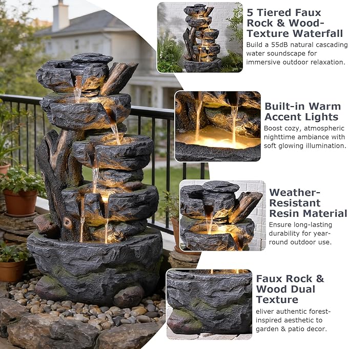47.2" Tall Outdoor Water Fountain 5-Tier Large Cascading Waterfall Fountain Realistic Rock & Tree Trunk Design with LED Lights, Relaxing Water Flow for Garden, Patio, Backyard & Porch Decor