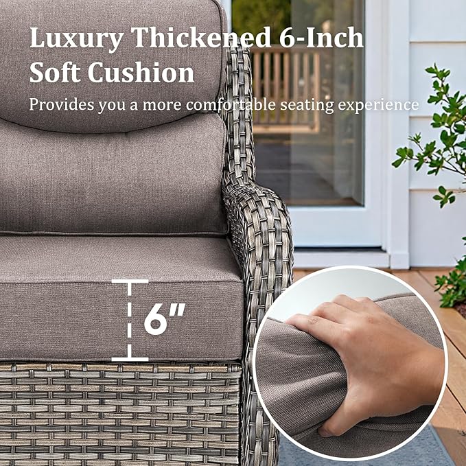 Luxury Outdoor Swivel Rocker Patio Chairs Set of 5, High Back Swivel Patio Chairs with Side Table & 6" Thick Cushions, Ottomans, Wicker Outdoor Bistro Set for Porch, Yard, Deck, Poolside, Grey