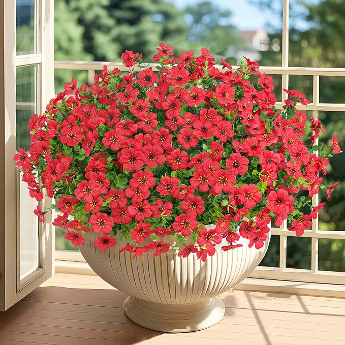 Besteek 20 Bundles Artificial Flowers for Outdoors Decoration Fake Silk Flowers UV Resistant Faux Plants Artificial Daisy Eucalyptus for Spring Summer Garden Yard Porch Window Home Decor, Red