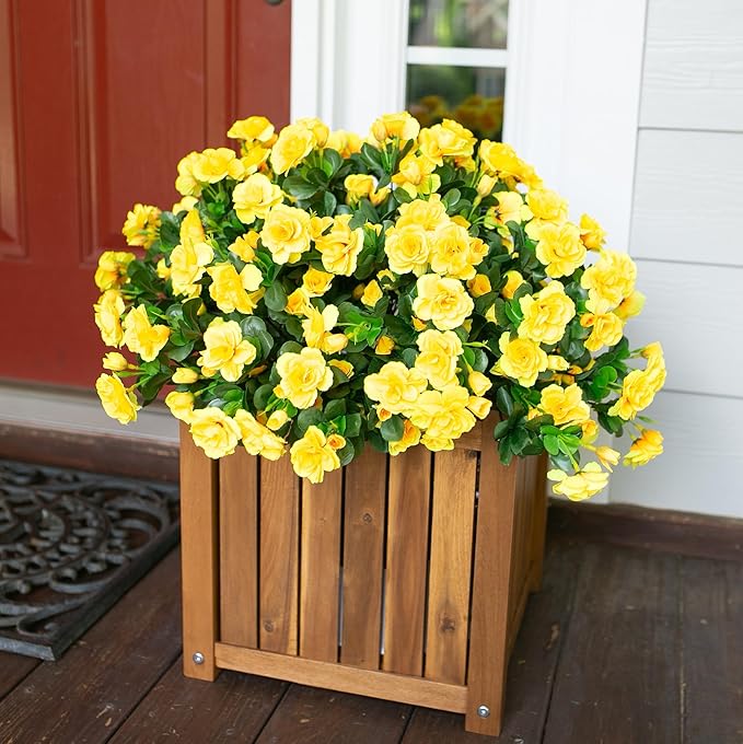 Ivydale Artificial Fake Flowers Plants for Outdoor Outside Spring Decor, Faux Silk Yellow Camellia UV Resistant Look Real for Planter Pot Porch Patio Balcony Garden Yard, 3 Large Bundles