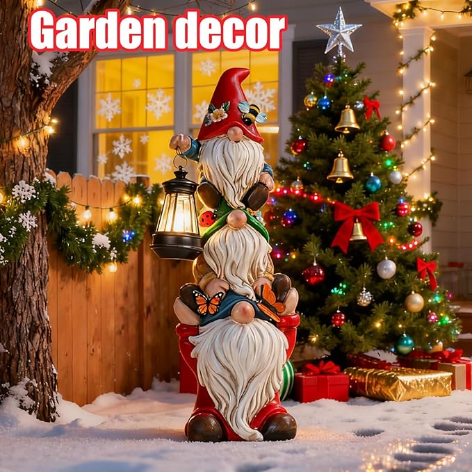 twinbling 17 in Large Garden Gnome Statue with Solar Lights Sculptures Funny Triple Big Gnome Outdoor Patio Lawn Yard Balcony Garden Home Decor Gifts for Women Mom
