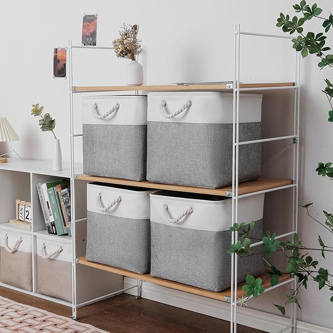 13 x 13 Inch Cube Storage Bins, 6 Pack Extra Large Collapsible Fabric Storage Bin with Ropes, Foldable Storage Cubes for Home (White & Grey-13"x13"x13")