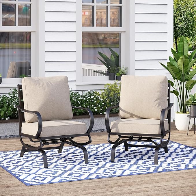 MFSTUDIO Metal Patio Conversation Sets, Outdoor Furniture Sofas Set of 2, 2 Pieces Durable Steel Frame Patio Rocking Chairs with 5.8" Beige Cushions for Patio Garden Backyard Balcony