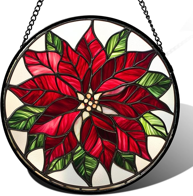 Stained Glass Window Hanging - Red Poinsettia Birth Flower Suncatcher for Door Garden Yard Sun Catchers Decor Christmas Mother's Day Birthday Gifts for Women Mom Nana Friend Men 9.8 in