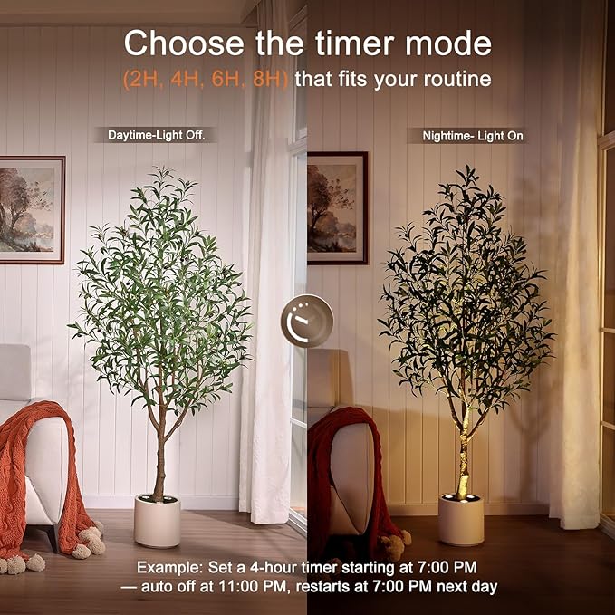 Verinatural Olive Trees Artificial Indoor 6FT - Realistic Fake Plants with Remote LED Spotlights, White Planter - Faux Olive Tree for Home Living Room Office Floor Bedroom Decor,VN214