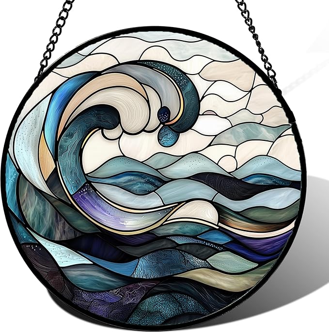 DASTOLL Stained Glass Window Hanging, Ocean Waves Sun Catchers Diamond Glass Panel Hangings Abstract Suncatcher Decor for Birthday for Women, Men, Wife, Aunt, and Mom 14.9x14.9 in