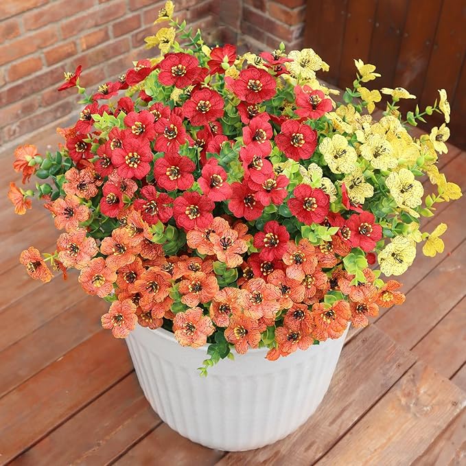 BCBLF Artificial Flowers for Outdoors, Faux Flowers for Outdoor Planters, 12 Bundles Realistic Silk Flower Faux Fake Plants for Porch Patio Yard Planters, Home Decor, Yellow + Orange + Red
