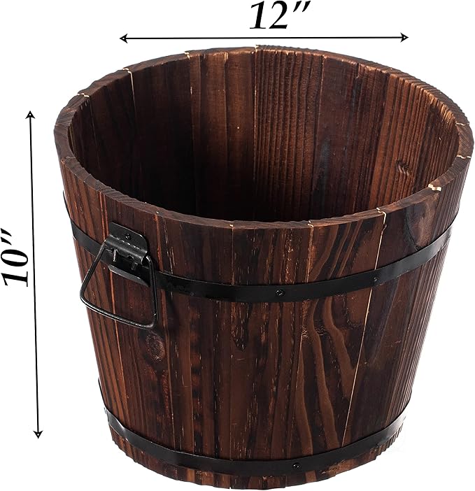 Rustic Wooden Whiskey Barrel Planter with Durable Medal Handles and Drainage Hole - Perfect for Indoor and Outdoor Plants, Herbs, and Vegetables - Small