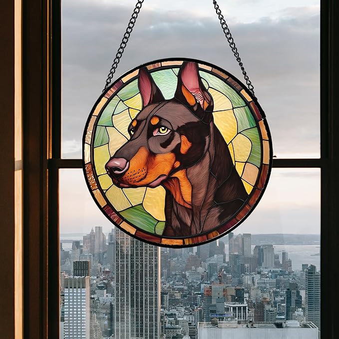 Stained Glass Window Hanging - Funny Dark Brown Doberman Pinscher Suncatcher for Door Terrace Garden Home Decor, Pet Dog Sun Catcher Birthday Gifts for Lovers Women Men Dad Mom Nana 11.8 in