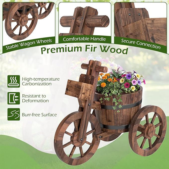 Giantex Wooden Wagon Planter with Wheels Set 2, Rustic Wood Plant Stand with Drainage Hole for Flowers Herbs Vegetables, Indoor Outdoor Decorative Garden Flower Cart for Patio Backyard Balcony