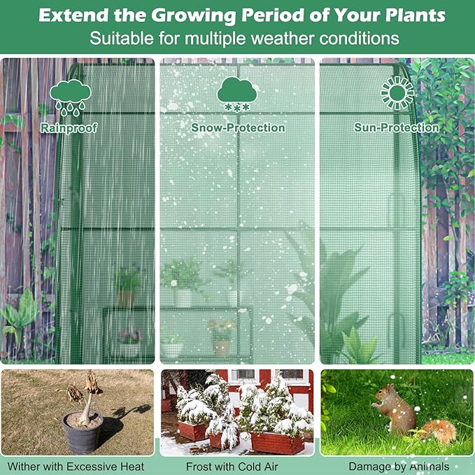 SAFSTAR 7 x 3.5 x 7 ft Greenhouse, Mini Lean-to Walk-in Green House with 3 Tiers Flower Rack & Weatherproof PE Cover, Roll-up Zipper Doors, Indoor Outdoor Garden Greenhouse for Seedling & Pot