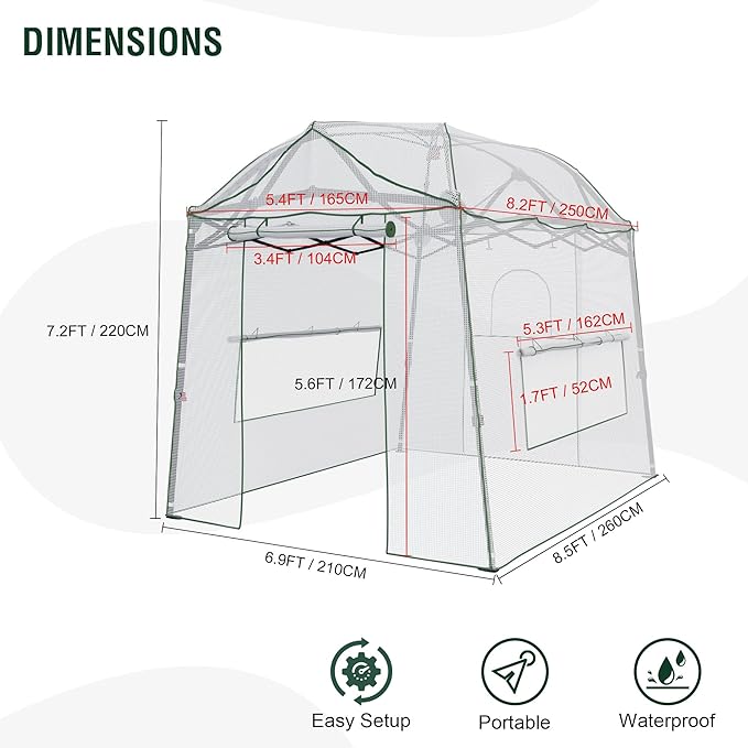 8.5 x 7 x 7 FT Walk-in Greenhouse, Portable Pop-up Greenhouse for Indoor Outdoor, Plant Garden Green House with Zippered Doors, Screen Windows, Heavy Duty Frame and Durable PE Cover