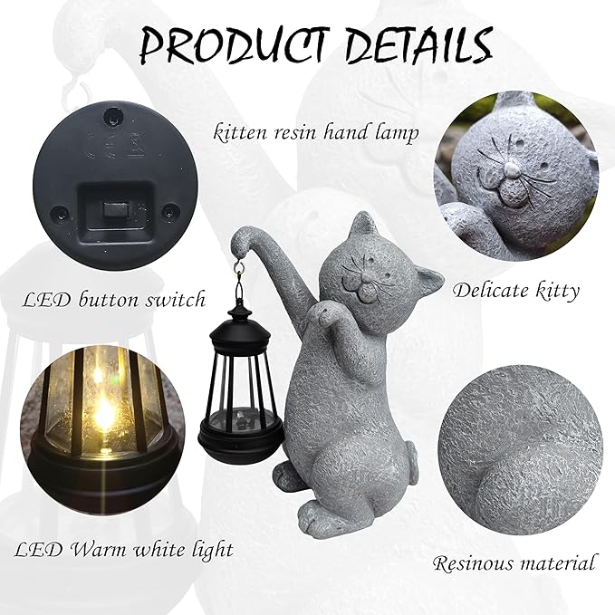 Qobumy Cat Solar Garden Statues,Resin Cat Figurine Decorations with Solar Lights Lantern, Outdoor Figurines Lawn Cats Statue Decor Art for Lawn,Yard, Balcony Ornament,Gift for Garden Home Mom.