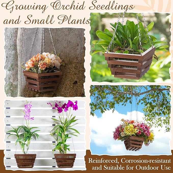 6 Sturdy Orchid Hanging Baskets, Wooden Plant Hanging Baskets, Handmade Inverted Trapezoidal Suitable for Orchids and Other Plants, Staghorn Ferns for Outdoor and Indoor Use, 6 Inch(Wooden)