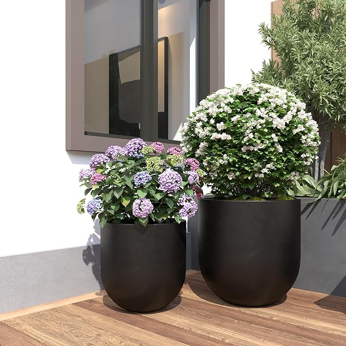 DTY Signature Mount Antero Modern Indoor Outdoor Fiberstone Bullet Shaped Planter, Durable Round Garden Pot, Weather Resistant, Drainage Hole & Rubber Plug - Small, Black