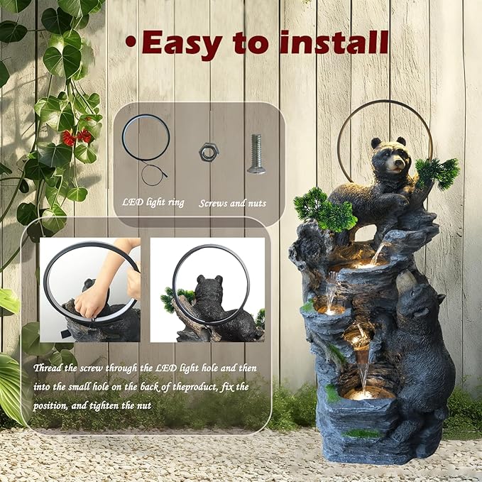 38.2" H Bear Outdoor Fountain with LED Lights and Five Tiered Waterfall Water Features,Suitable for Courtyard,Gardenand Indoor Decoration