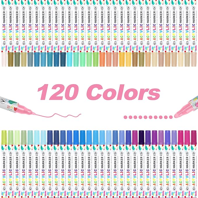 KEMYR 120 Colors Acrylic Paint Pens, Dual Tip Acrylic Paint Markers for Paper, Wood, Canvas, Stone, Rock Painting, Glass, Fabric, DIY, Ceramic, Art Supplies for Adults Drawing (Dot + Fine)
