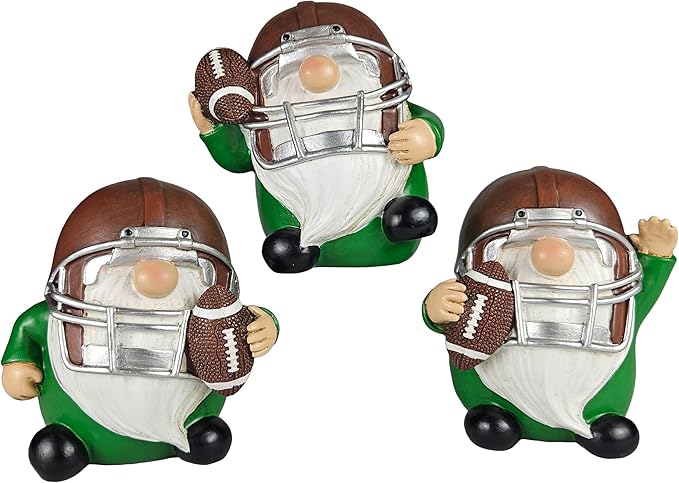 Hanna's Handiworks Little Football Rugby Gnomes - Resin Statues Home Decor for Indoor Tabletop or Outdoor Covered Garden - Sports-Theme Figurine for Centerpiece Display, Parties, Gifts - Set of 3