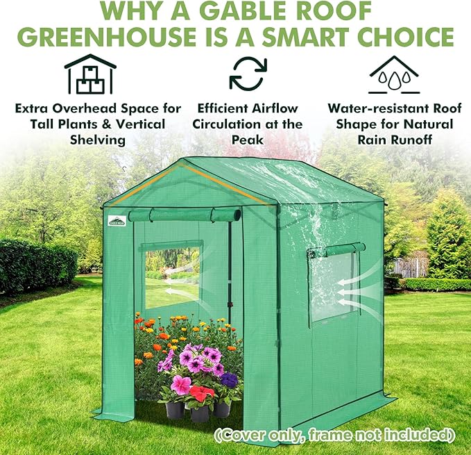 EAGLE PEAK Replacement Cover for 6x6 Gable Roof Pop up Greenhouse, Front and Rear Roll-Up Zipper Entry Doors and 2 Large Roll-Up Side Windows (Frame Not Included), Green