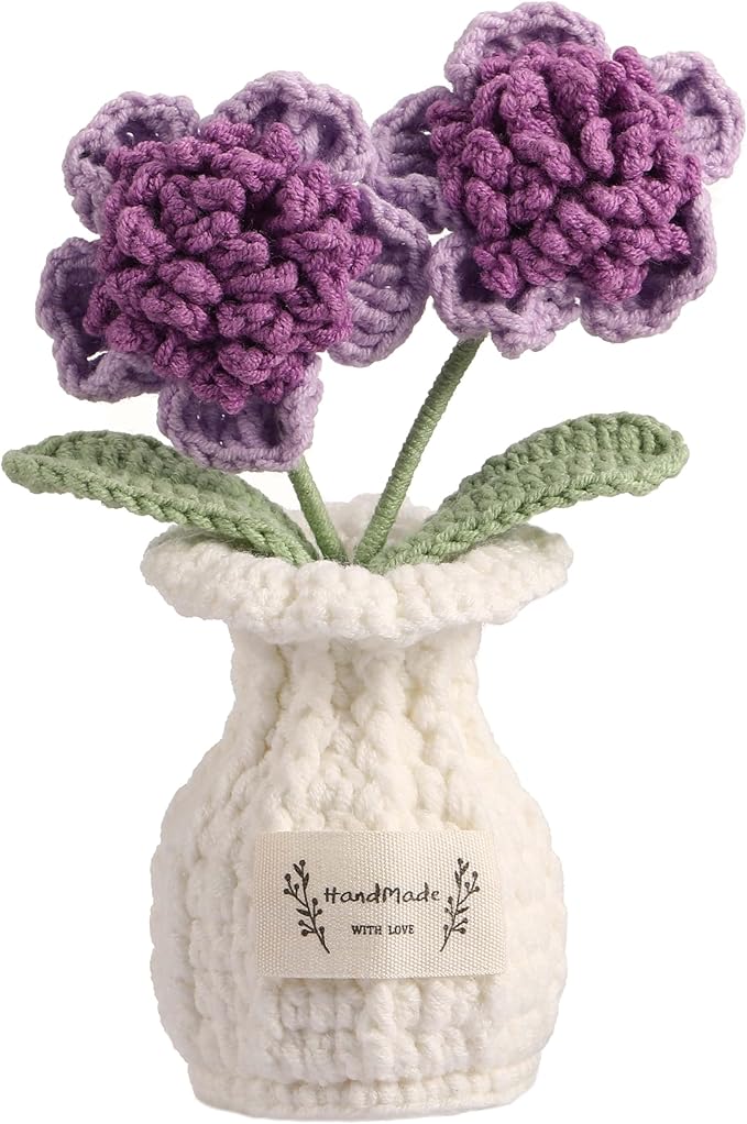 YOOJEE Crochet Paris Polyphylla Flower Pot Handmade Knitted Desk Decor Purple Potted Plant for Home Office