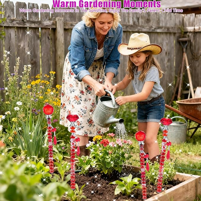 121 Pcs DIY Fairy Wand Beaded Garden Stakes Kit, Fairy Wands Garden Kit Red Large Hole Bead with Sparkling Pendants Crystal Stopper Top Threaded Rod Beaded Garden Stakes Supplies Outdoor Decorative
