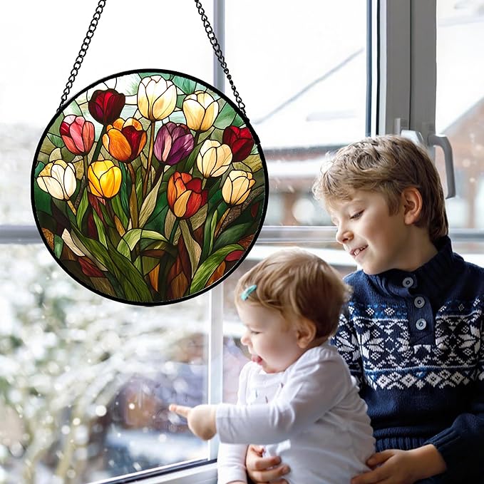 Stained Glass Window Hanging Colorful Tulip 7.8" - Flower Suncatcher Door Garden Sun Catcher Home Plant Decor Birthday Mother's Day for Mom Woman Friend Nana Colleague