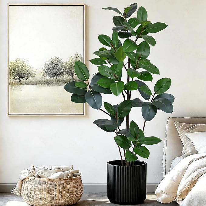 6FT Artificial Green Rubber Tree - 72" Faux Trees Indoor with 70 Lifelike Vivid Leaves and 10 Heads, Tall Fake Potted Plant for Home Office Living Room Decor Housewarming Gift