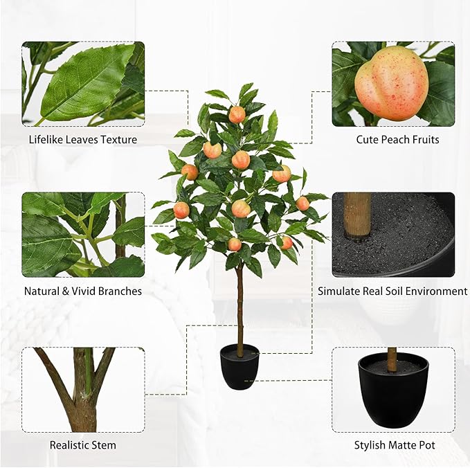 Artificial Peach Tree 3ft Fake Peach Fruits Plant in Pot Large Fake Floor Plants Faux Trees Indoor Apple Decorations for Home Living Room Office