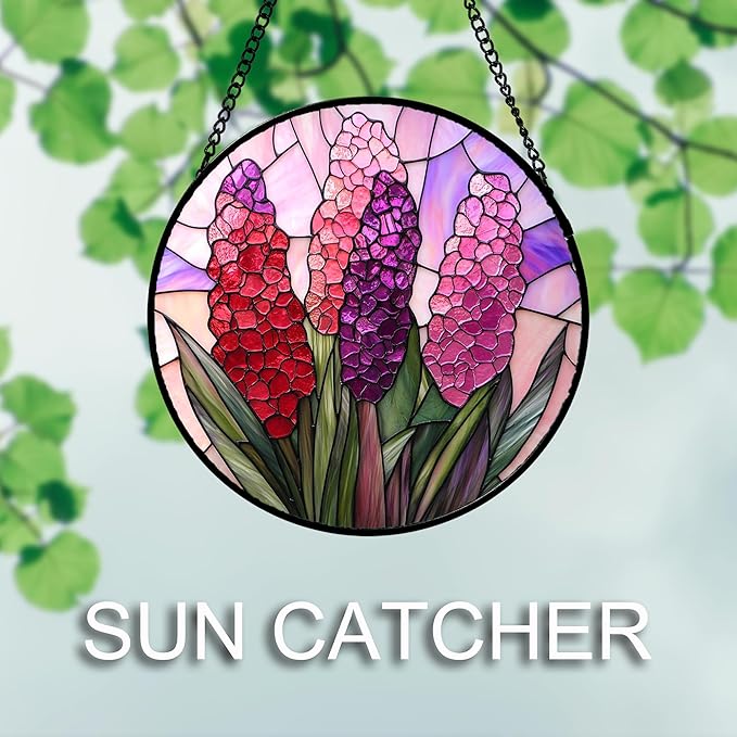 DASTOLL Stained Glass Window Hanging 4 Pcs Set Purple Flower Theme Large 11.8" - Tulip Suncatcher Door Garden Sun Catcher Decor Birthday Christmas for Plant Lovers Woman Nana Men