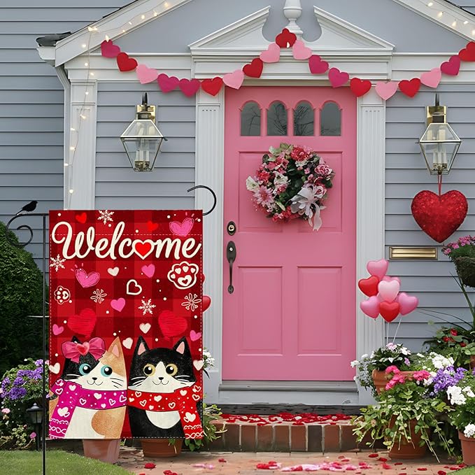 Welcome Valentine’s Day Garden Flag Romantic Love Heart Couple Cats Paw Yard Flag 12x18 Inch Double Sided Small Mini Yard Outdoor Outside Holiday Decoration
