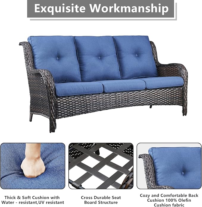 Outdoor Patio Furniture Sofa Set - 7 Piece Rattan Wicker Patio Sectional Conversation Sets with 1 Sofa,1 Loveseat,1 Coffee Table,2 Armrest Chairs and 2 Ottomans for Porch Deck Garden(Brown/Blue)