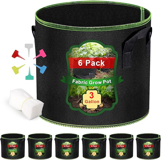 MEKOLIFE 3 Gallon Grow Bags 6 Pack - Thickened Nonwoven Aeration Planter Bags with Handles, Plant Tags & Seedling Bags, Chili Vegetable Gardening Fabric Pots