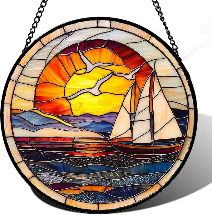 DASTOLL Stained Glass Window Hanging, Sun Ocean Sailboat Seagull Abstract Suncatcher Diamond Glass Panel Sun Catchers Decor for Birthday for Women, Men, Wife, Aunt, and Mom 14.9x14.9 in