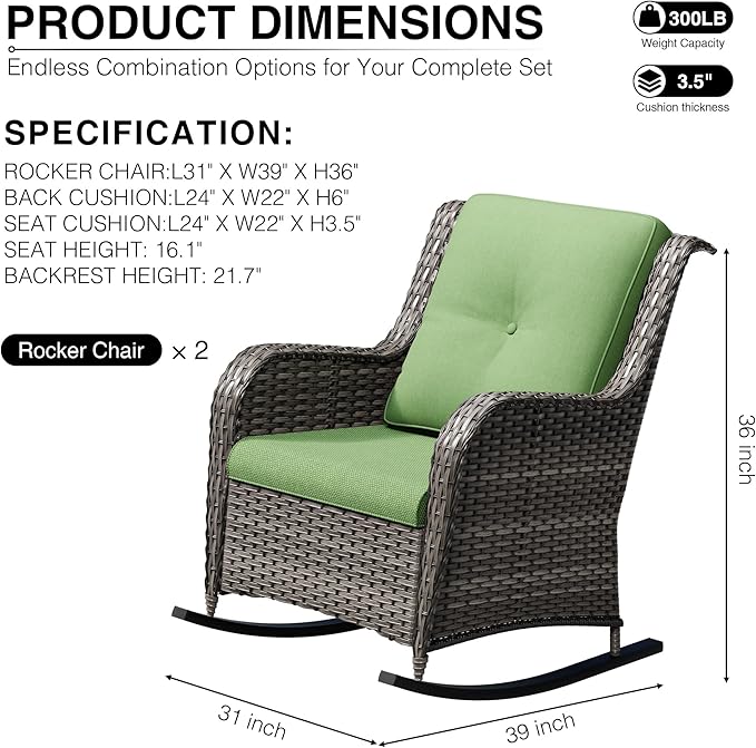 Joyside Outdoor Rocking Chairs Set of 2, Wicker Patio Furniture with High Back, Deep Seating, Wide Armrest, Thickened Cushions, Outdoor Rattan Furniture for Deck, Porch Use