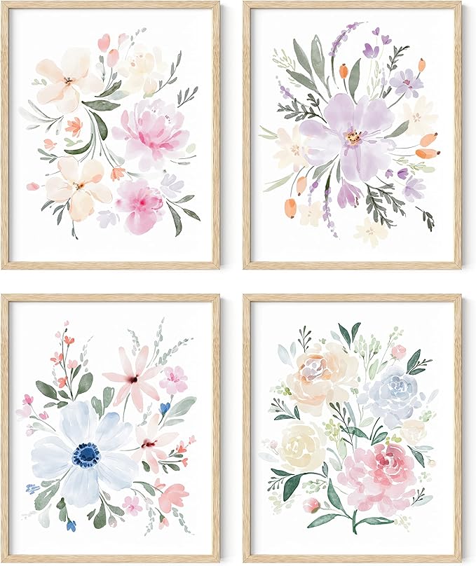 HAUS AND HUES Flower Wall Decor - Set of 4 Bouquet Art, Framed Flower Painting, Floral Pictures, Botanical Wall Decor (8x10, Beige Frame)
