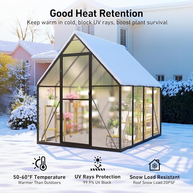 6x7.5FT Outdoor Greenhouse, Polycarbonate Greenhouse, Small Walk-in Greenhouse with Vented Roof Window, Windproof Aluminum Frame with Quick-Installation Structure, Suitable for Gardening