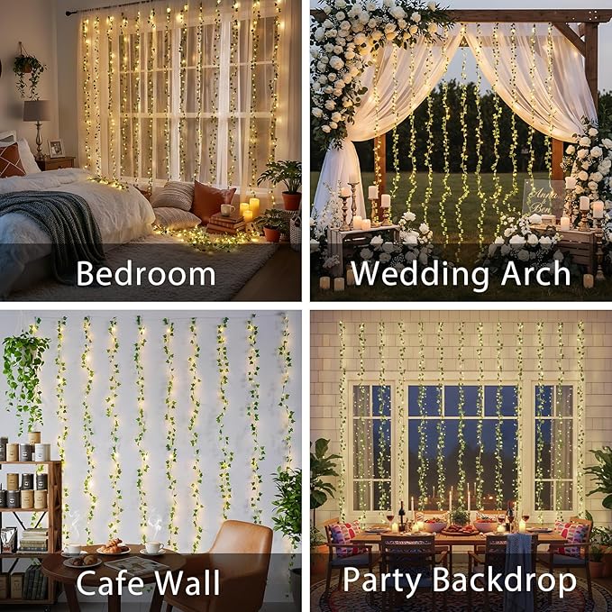 suddus 300 LED Vines with Lights Plug in, 9.8ft x 9.8ft Fairy Lights with Vines, Ivy Curtain Lights for Wall, Bedroom, Dorm, Wedding, Party, Indoor, Outdoor Decor(Warm White)
