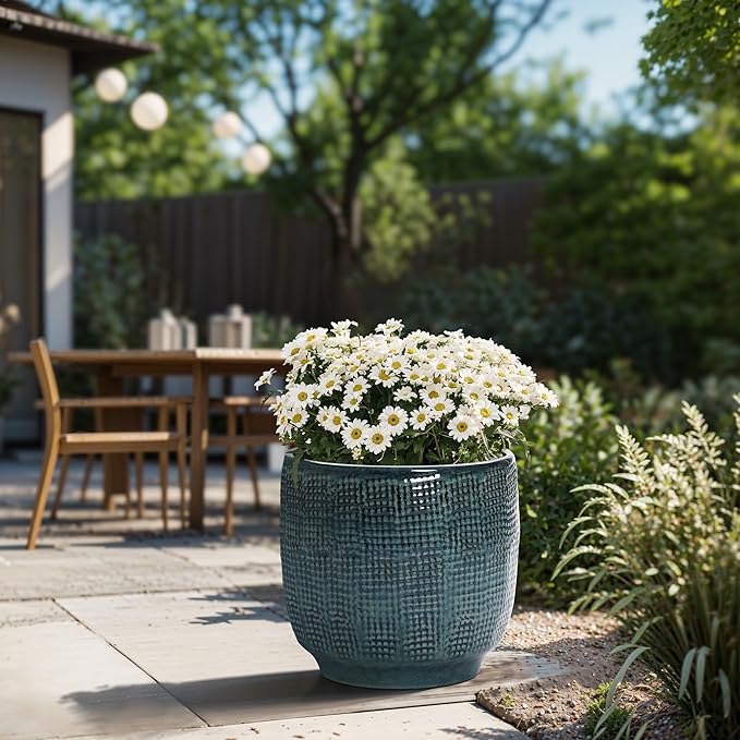 LuxenHome 12" Dia Large Ceramic Pots for Plants, Modern Green Glazed Planters for Outdoor Plants, Round Indoor Flower Pots with Drainage Hole and Rubber Plug for Home Garden Patio