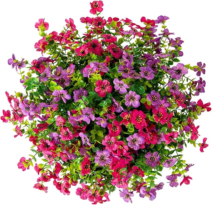 HyeFlora Artificial Faux Hanging Plants Flowers Basket for Spring Summer Outdoor Outside Decoration, Fake Silk Colorful Daisy Eucalyptus in Planter UV Resistant Realistic for Porch Patio Balcony Yard
