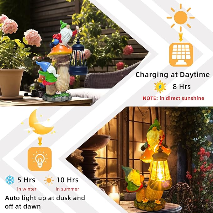 Funny Garden Gnomes Outdoor Climbing on Mushroom with Holding a Solar LED Lantern Resin Mushroom Statue for Patio Yard Lawn Porch Decor