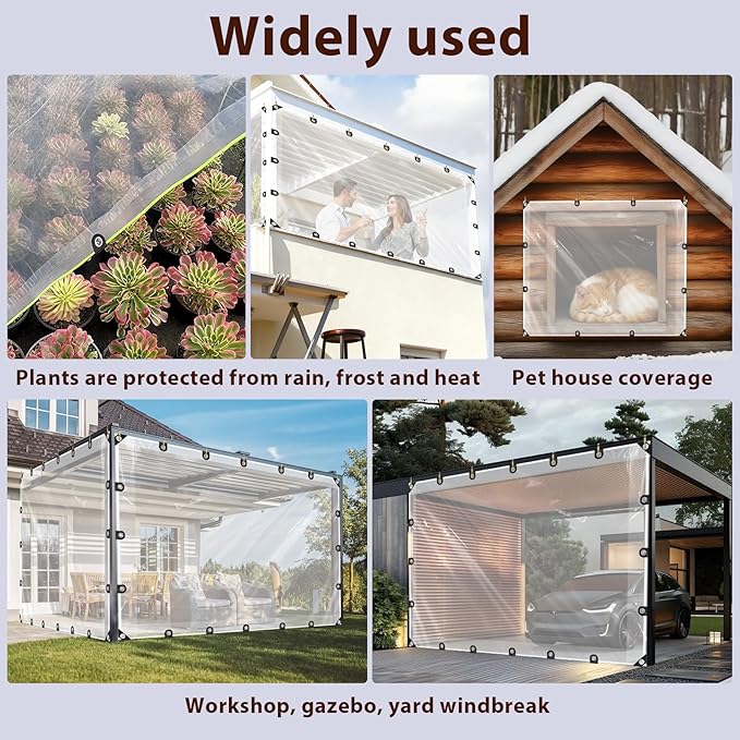 LC&QS 8x16ft Thicken Waterproof Clear Tarp - Anti-Tear Windproof Garden Transparent Poly Tarpaulin, Snowproof PE Tarp with Grommets for Winter Greenhouse Patio Enclosure Chicken Coop.