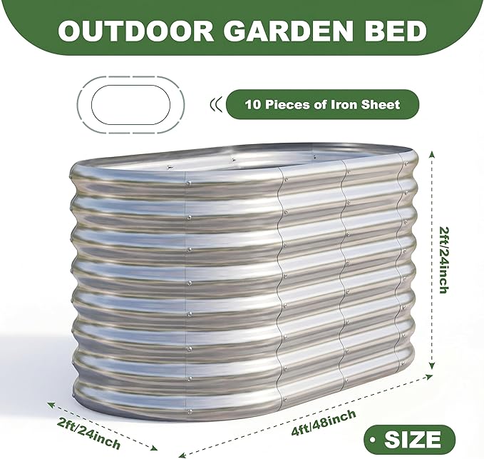AHEONLAR 2 Pack 4×2×2ft Galvanized Raised Garden Beds Outdoor,Oval Sturdy and Durable Planter Boxes for Vegetables, Fruits, Flowers and Plants, Easy Assembly, Grey
