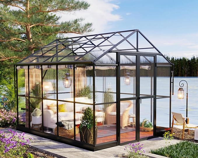 Jocisland 7.5x9.4x7.4 FT Outdoor Aluminum Polycarbonate Greenhouse with Ventilation and Rain Gutter, 2 Swing Doors with Hook, Walk in Greenhouse for Outdoors Backyard Garden