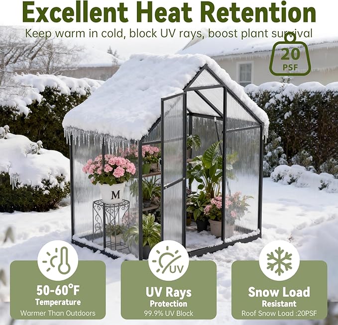 6X4 FT Polycarbonate Greenhouse, Small Walk-in Green House for Outside, Reinforced Aluminum Frame Greenhouses, Heavy Duty Garden, Patio, Backyard Planting