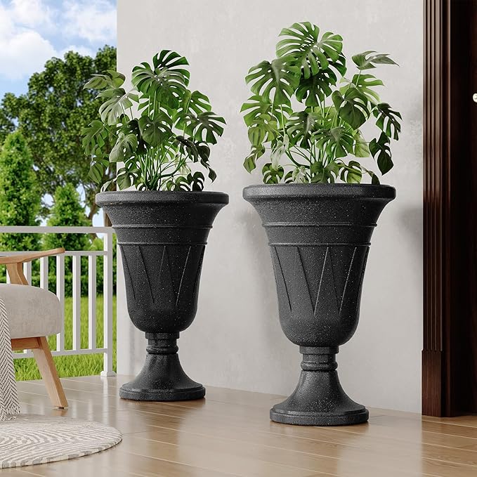 seethmi 23" Tall Planters for Outdoor Plants Set of 2, Planter with Drainage Holes and Trophy Design, Large Outdoor Planters for Porch, Garden, Black