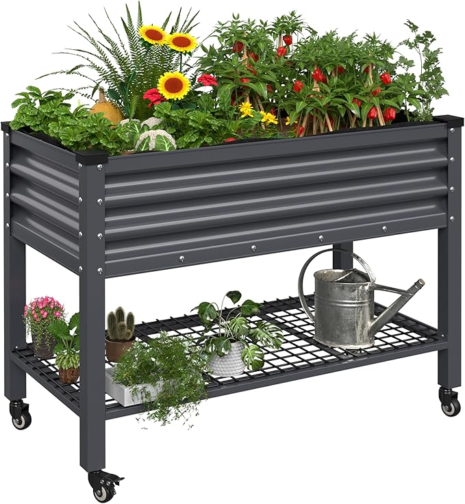 MUPATER 48" L x 24" W x 34" H Galvanized Steel Raised Garden Bed with Legs, Large Metal Elevated Planter Box with Rolling Casters & Extra Bottom Shelf for Backyard, Garden, Patio, Balcony, Gray