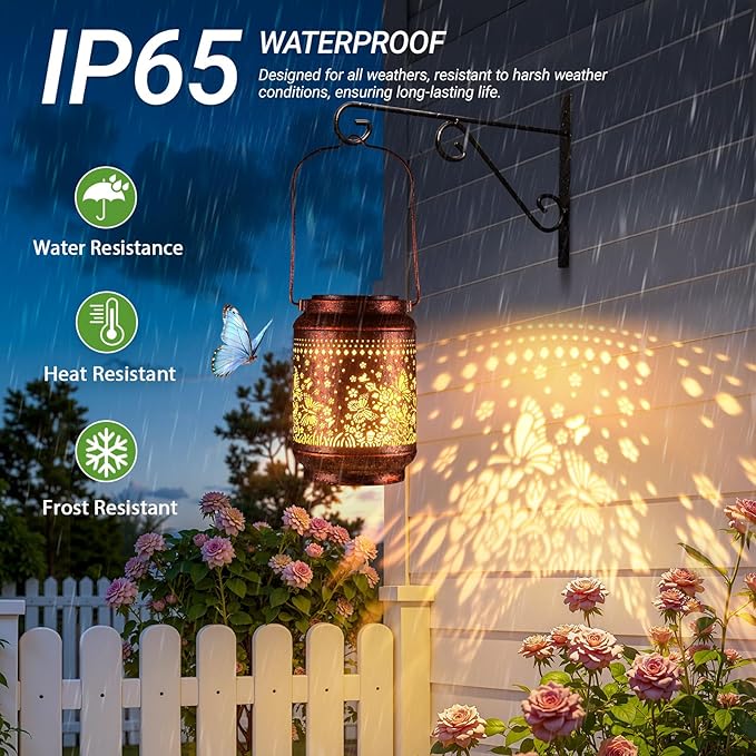 KOOPER Solar Lanterns Outdoor Waterproof Birthday Gifts for Women Mom Grandma, 2 Pack Upgraded Hummingbird Hanging Solar Lantern Lights Outdoor, Metal Outdoor Decoration for Yard (Butterfly and Rose)
